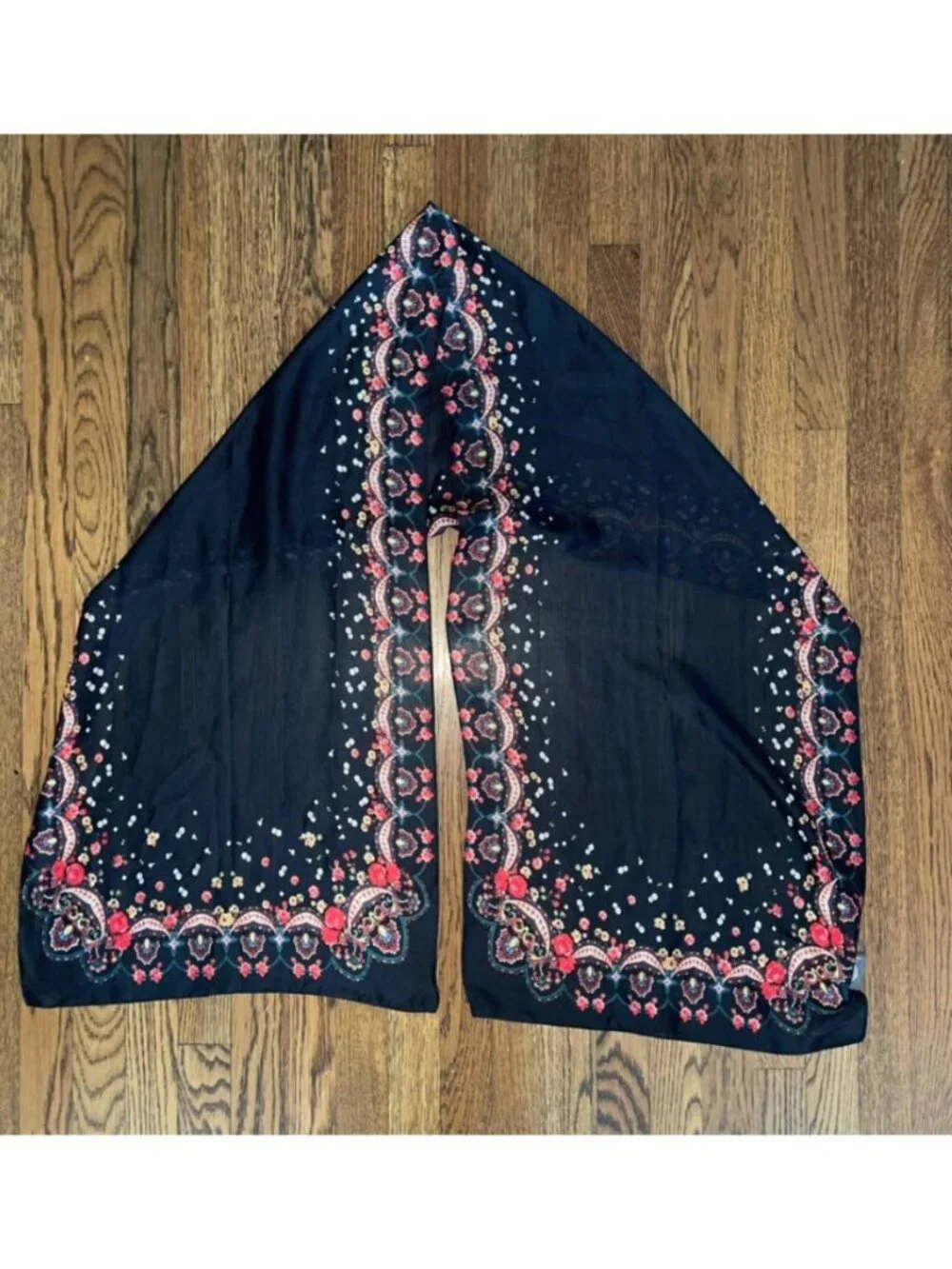 NEW Vince Camuto Black with Floral Border Silky Scarf Shawl